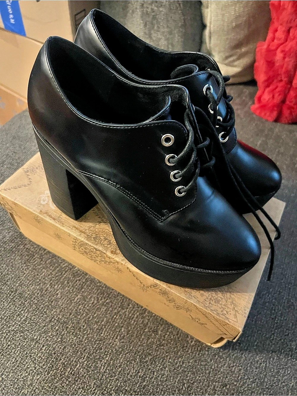 Allegra K Black Lace-Up Platform Heeled Boots